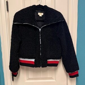 Maeve Black Textured Jacket with Red and White Accents